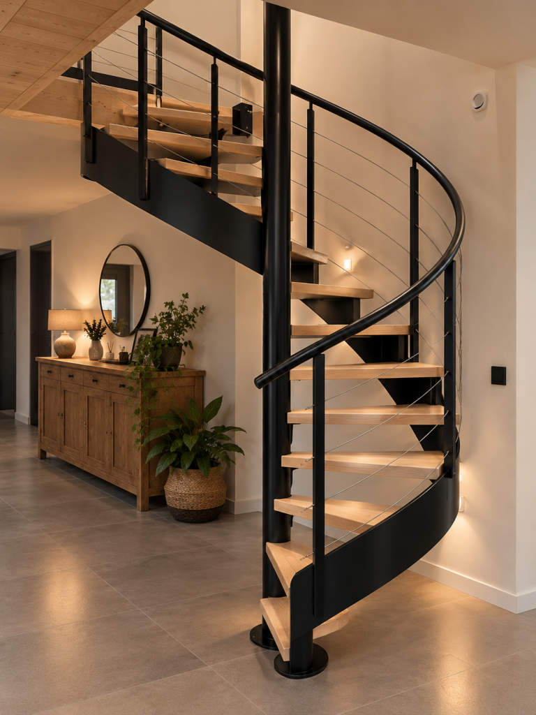 Escalier en colimaçon moderne en bois et métal